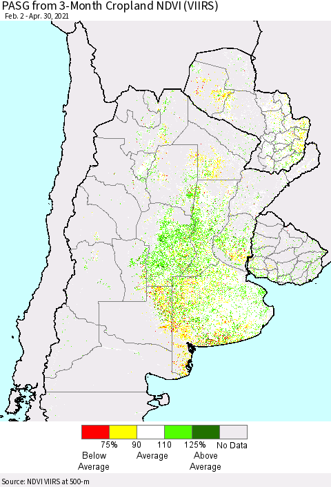 Southern South America PASG from 3-Month Cropland NDVI (VIIRS) Thematic Map For 4/23/2021 - 4/30/2021