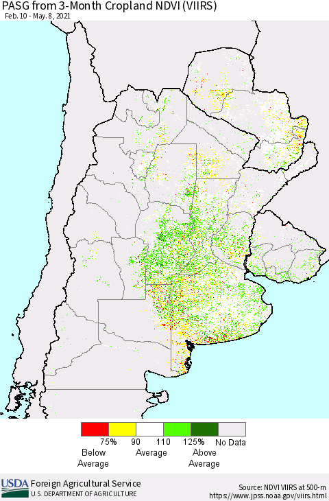 Southern South America PASG from 3-Month Cropland NDVI (VIIRS) Thematic Map For 5/1/2021 - 5/10/2021