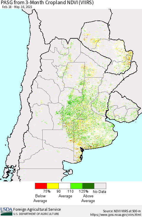 Southern South America PASG from 3-Month Cropland NDVI (VIIRS) Thematic Map For 5/11/2021 - 5/20/2021