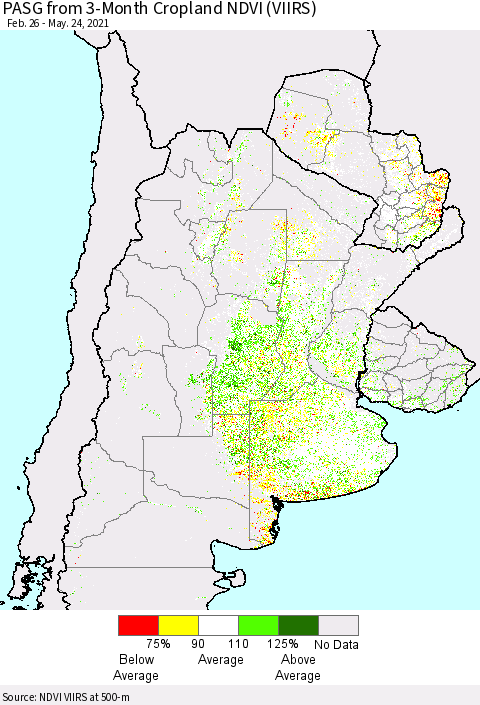 Southern South America PASG from 3-Month Cropland NDVI (VIIRS) Thematic Map For 5/17/2021 - 5/24/2021