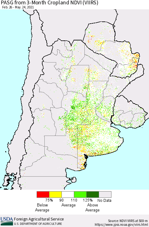 Southern South America PASG from 3-Month Cropland NDVI (VIIRS) Thematic Map For 5/21/2021 - 5/31/2021