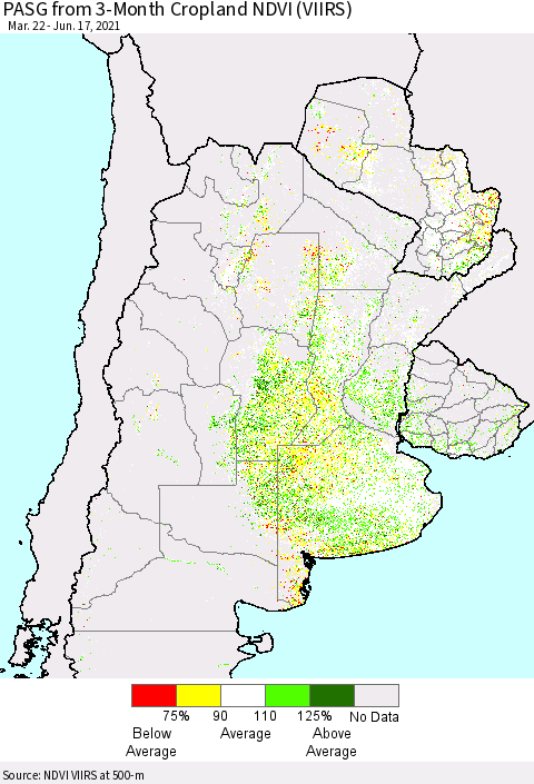 Southern South America PASG from 3-Month Cropland NDVI (VIIRS) Thematic Map For 6/10/2021 - 6/17/2021