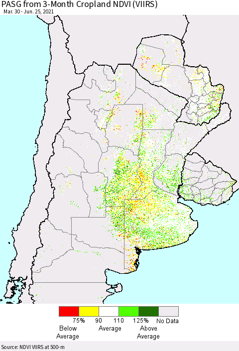 Southern South America PASG from 3-Month Cropland NDVI (VIIRS) Thematic Map For 6/18/2021 - 6/25/2021