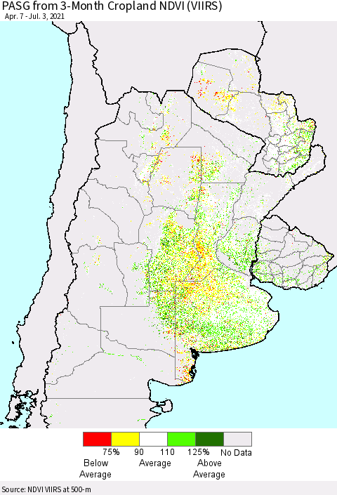 Southern South America PASG from 3-Month Cropland NDVI (VIIRS) Thematic Map For 6/26/2021 - 7/3/2021