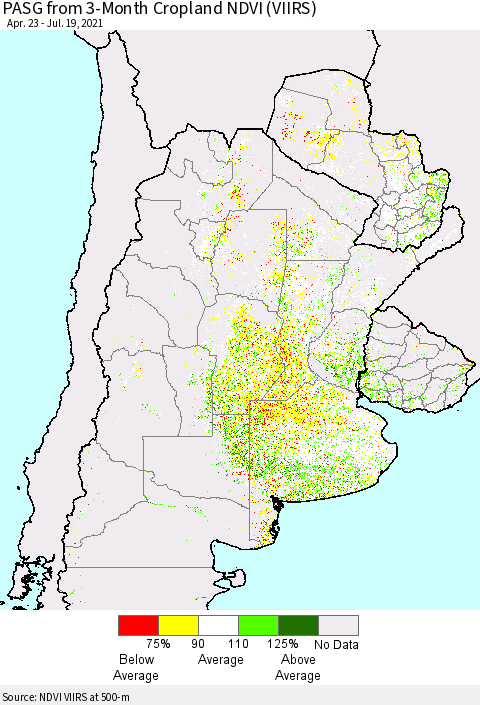 Southern South America PASG from 3-Month Cropland NDVI (VIIRS) Thematic Map For 7/12/2021 - 7/19/2021