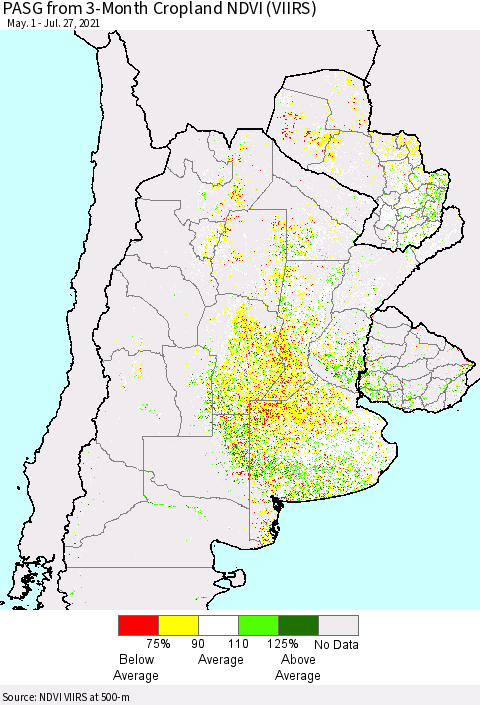 Southern South America PASG from 3-Month Cropland NDVI (VIIRS) Thematic Map For 7/20/2021 - 7/27/2021