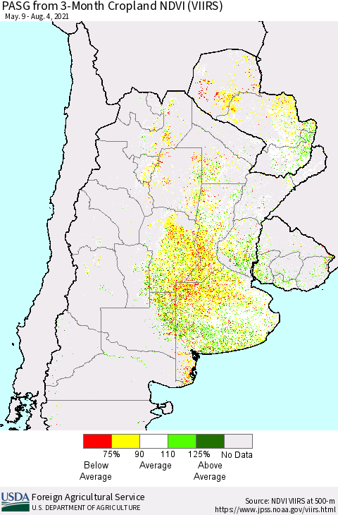Southern South America PASG from 3-Month Cropland NDVI (VIIRS) Thematic Map For 8/1/2021 - 8/10/2021