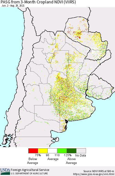 Southern South America PASG from 3-Month Cropland NDVI (VIIRS) Thematic Map For 8/21/2021 - 8/31/2021