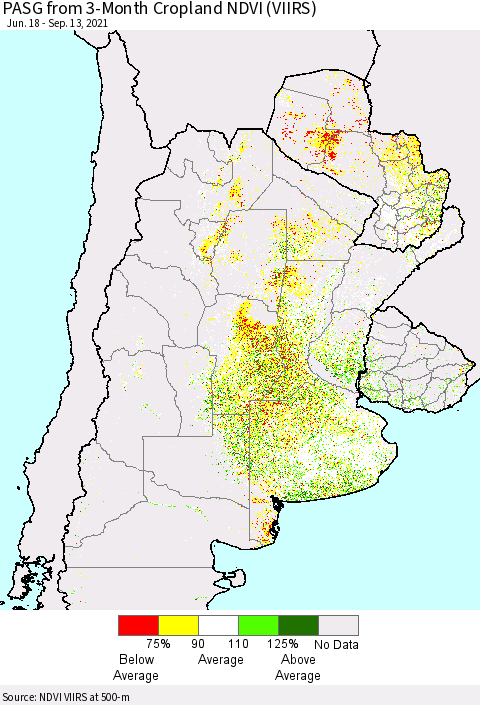 Southern South America PASG from 3-Month Cropland NDVI (VIIRS) Thematic Map For 9/6/2021 - 9/13/2021