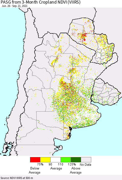 Southern South America PASG from 3-Month Cropland NDVI (VIIRS) Thematic Map For 9/14/2021 - 9/21/2021