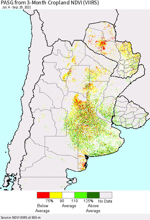 Southern South America PASG from 3-Month Cropland NDVI (VIIRS) Thematic Map For 9/22/2021 - 9/29/2021