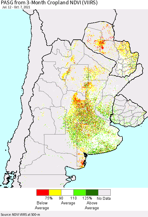 Southern South America PASG from 3-Month Cropland NDVI (VIIRS) Thematic Map For 9/30/2021 - 10/7/2021