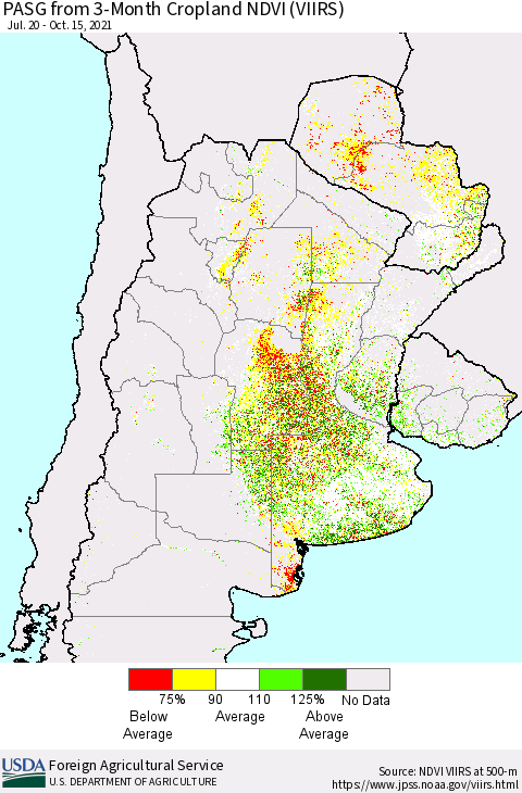 Southern South America PASG from 3-Month Cropland NDVI (VIIRS) Thematic Map For 10/11/2021 - 10/20/2021