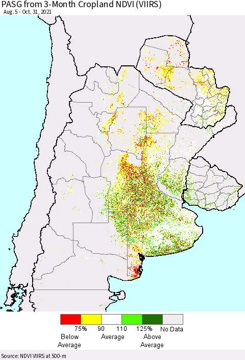 Southern South America PASG from 3-Month Cropland NDVI (VIIRS) Thematic Map For 10/24/2021 - 10/31/2021