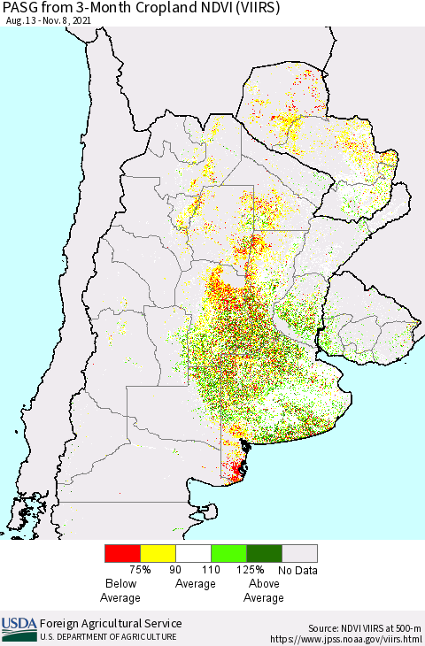 Southern South America PASG from 3-Month Cropland NDVI (VIIRS) Thematic Map For 11/1/2021 - 11/10/2021