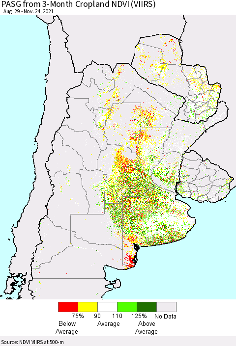 Southern South America PASG from 3-Month Cropland NDVI (VIIRS) Thematic Map For 11/17/2021 - 11/24/2021