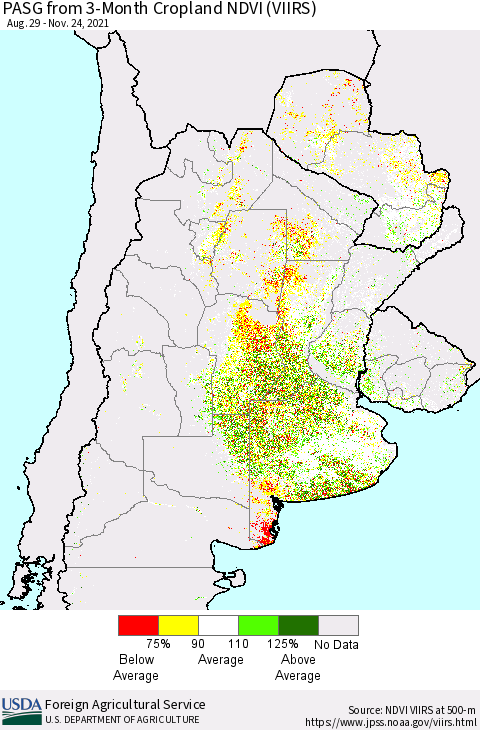Southern South America PASG from 3-Month Cropland NDVI (VIIRS) Thematic Map For 11/21/2021 - 11/30/2021