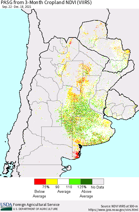 Southern South America PASG from 3-Month Cropland NDVI (VIIRS) Thematic Map For 12/11/2021 - 12/20/2021