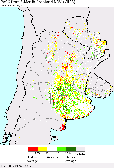 Southern South America PASG from 3-Month Cropland NDVI (VIIRS) Thematic Map For 12/19/2021 - 12/26/2021