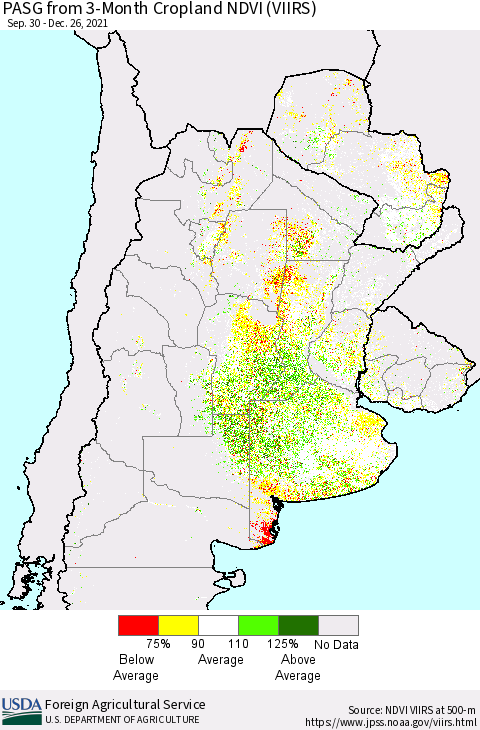 Southern South America PASG from 3-Month Cropland NDVI (VIIRS) Thematic Map For 12/21/2021 - 12/31/2021