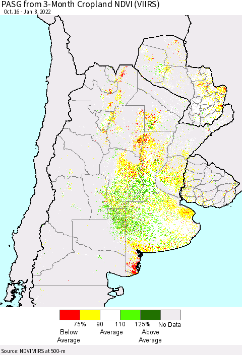 Southern South America PASG from 3-Month Cropland NDVI (VIIRS) Thematic Map For 1/1/2022 - 1/8/2022