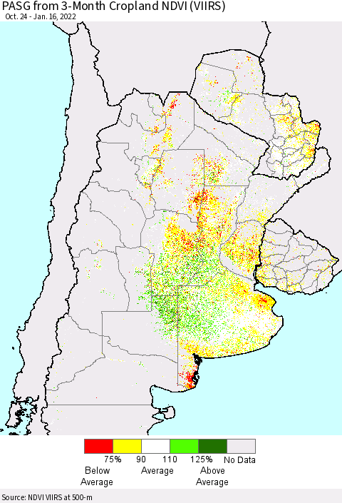Southern South America PASG from 3-Month Cropland NDVI (VIIRS) Thematic Map For 1/9/2022 - 1/16/2022