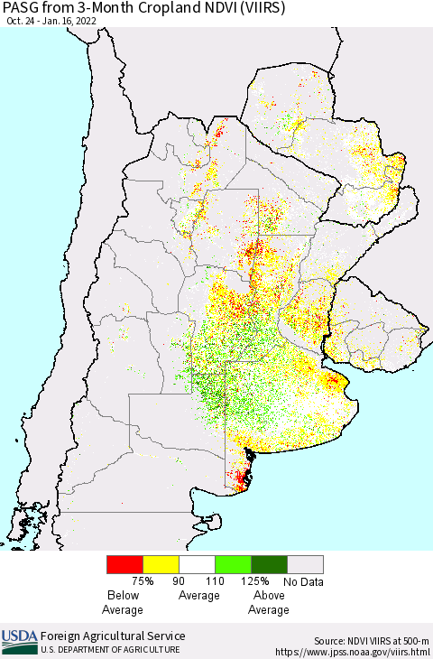 Southern South America PASG from 3-Month Cropland NDVI (VIIRS) Thematic Map For 1/11/2022 - 1/20/2022