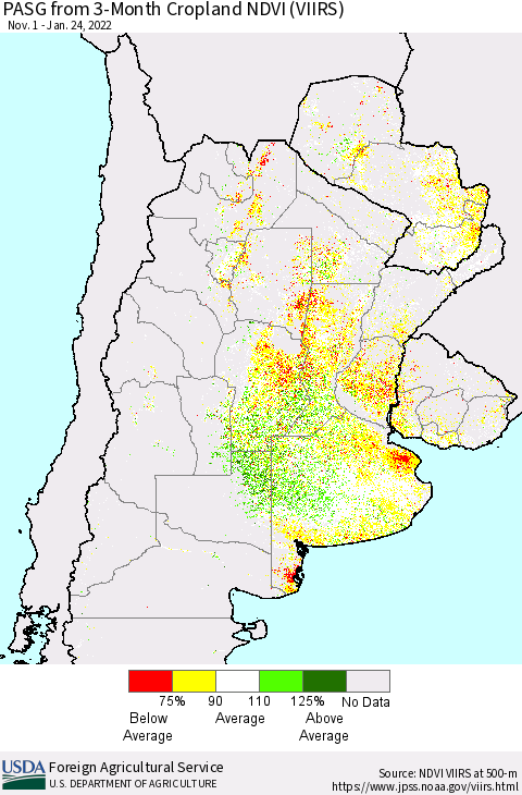 Southern South America PASG from 3-Month Cropland NDVI (VIIRS) Thematic Map For 1/21/2022 - 1/31/2022