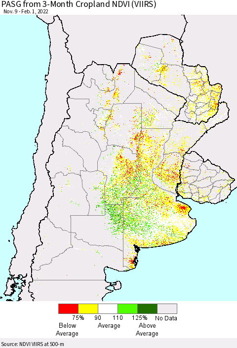 Southern South America PASG from 3-Month Cropland NDVI (VIIRS) Thematic Map For 1/25/2022 - 2/1/2022