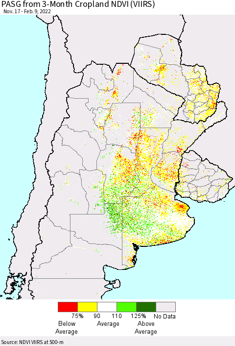 Southern South America PASG from 3-Month Cropland NDVI (VIIRS) Thematic Map For 2/2/2022 - 2/9/2022