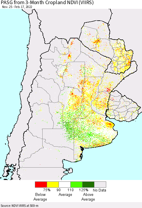 Southern South America PASG from 3-Month Cropland NDVI (VIIRS) Thematic Map For 2/10/2022 - 2/17/2022