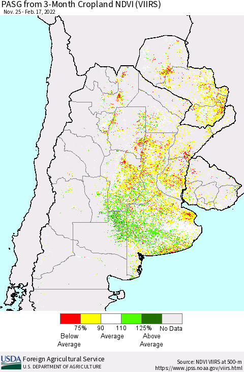Southern South America PASG from 3-Month Cropland NDVI (VIIRS) Thematic Map For 2/11/2022 - 2/20/2022