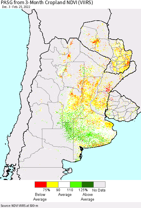 Southern South America PASG from 3-Month Cropland NDVI (VIIRS) Thematic Map For 2/18/2022 - 2/25/2022