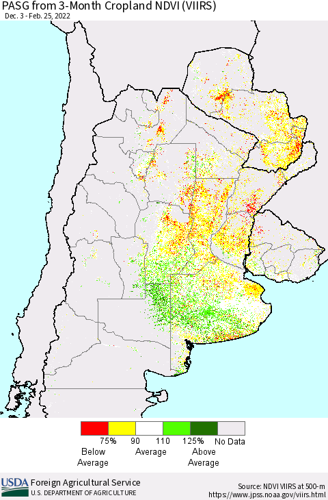 Southern South America PASG from 3-Month Cropland NDVI (VIIRS) Thematic Map For 2/21/2022 - 2/28/2022