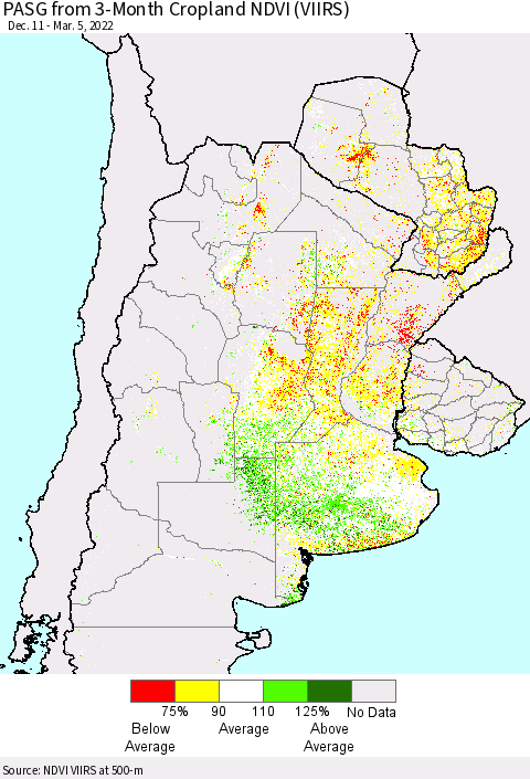 Southern South America PASG from 3-Month Cropland NDVI (VIIRS) Thematic Map For 2/26/2022 - 3/5/2022