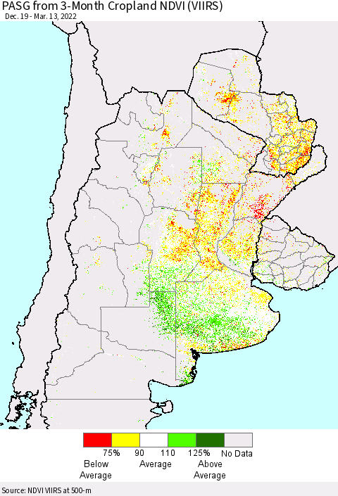 Southern South America PASG from 3-Month Cropland NDVI (VIIRS) Thematic Map For 3/6/2022 - 3/13/2022