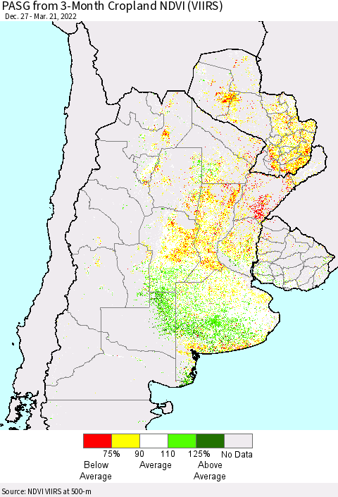 Southern South America PASG from 3-Month Cropland NDVI (VIIRS) Thematic Map For 3/14/2022 - 3/21/2022