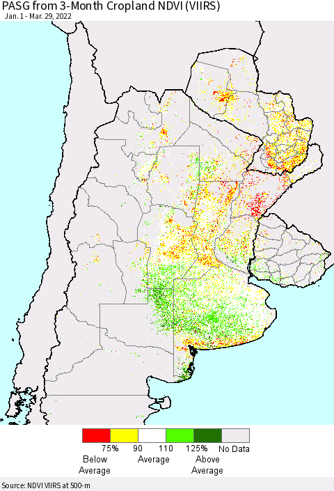 Southern South America PASG from 3-Month Cropland NDVI (VIIRS) Thematic Map For 3/22/2022 - 3/29/2022