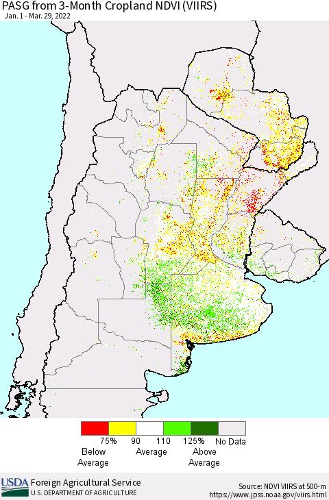 Southern South America PASG from 3-Month Cropland NDVI (VIIRS) Thematic Map For 3/21/2022 - 3/31/2022