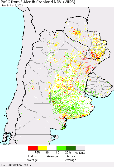Southern South America PASG from 3-Month Cropland NDVI (VIIRS) Thematic Map For 3/30/2022 - 4/6/2022
