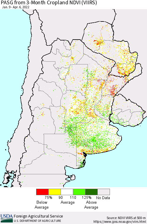 Southern South America PASG from 3-Month Cropland NDVI (VIIRS) Thematic Map For 4/1/2022 - 4/10/2022