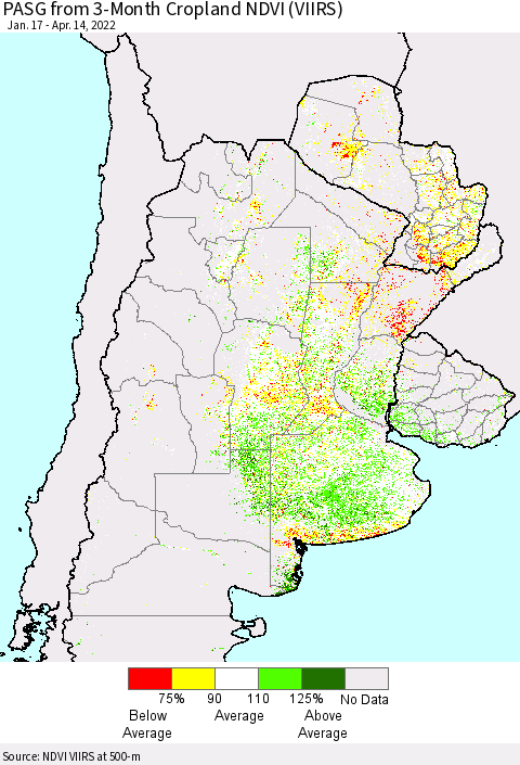 Southern South America PASG from 3-Month Cropland NDVI (VIIRS) Thematic Map For 4/7/2022 - 4/14/2022