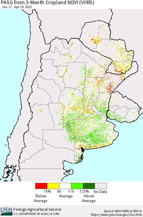 Southern South America PASG from 3-Month Cropland NDVI (VIIRS) Thematic Map For 4/11/2022 - 4/20/2022