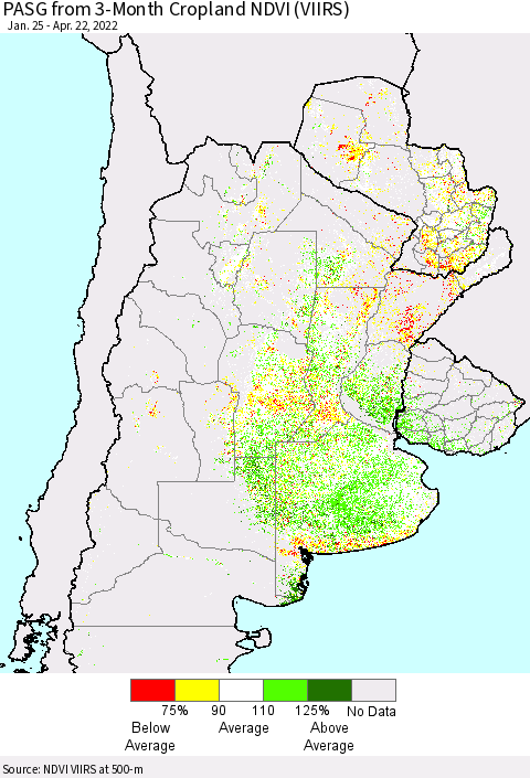 Southern South America PASG from 3-Month Cropland NDVI (VIIRS) Thematic Map For 4/15/2022 - 4/22/2022