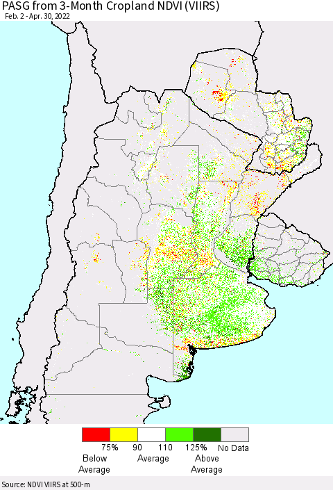 Southern South America PASG from 3-Month Cropland NDVI (VIIRS) Thematic Map For 4/23/2022 - 4/30/2022