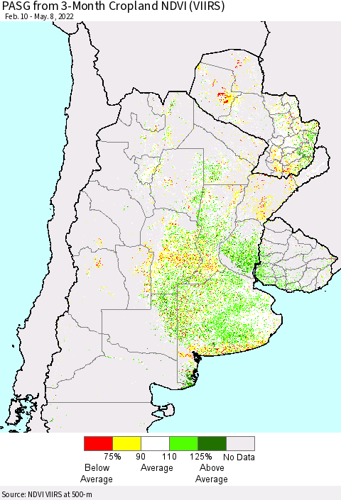 Southern South America PASG from 3-Month Cropland NDVI (VIIRS) Thematic Map For 5/1/2022 - 5/8/2022