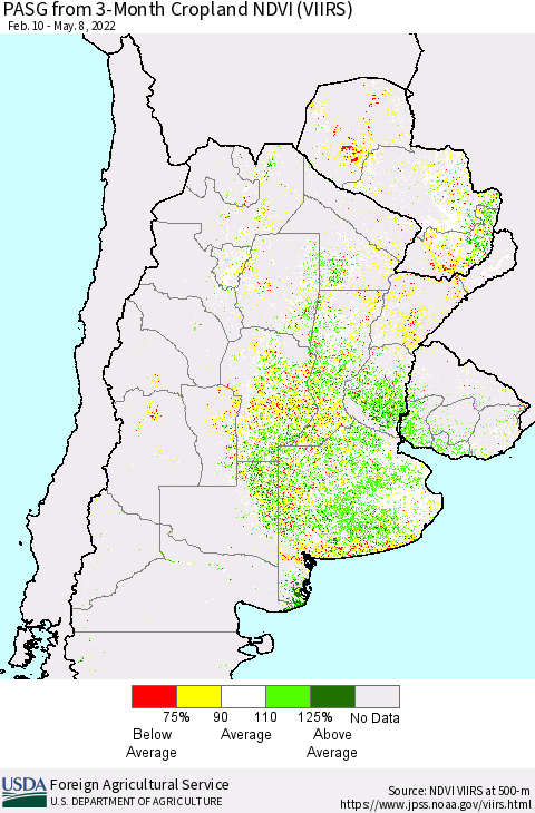 Southern South America PASG from 3-Month Cropland NDVI (VIIRS) Thematic Map For 5/1/2022 - 5/10/2022