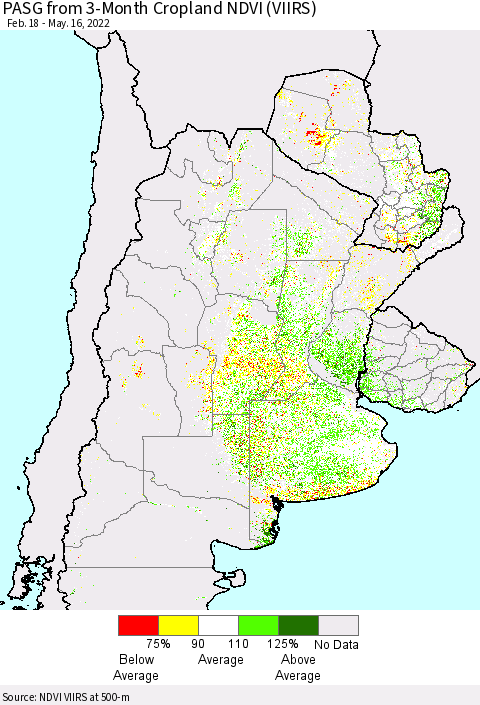 Southern South America PASG from 3-Month Cropland NDVI (VIIRS) Thematic Map For 5/9/2022 - 5/16/2022