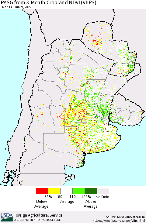 Southern South America PASG from 3-Month Cropland NDVI (VIIRS) Thematic Map For 6/1/2022 - 6/10/2022