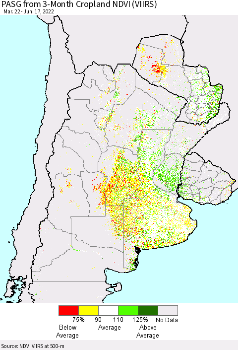 Southern South America PASG from 3-Month Cropland NDVI (VIIRS) Thematic Map For 6/10/2022 - 6/17/2022